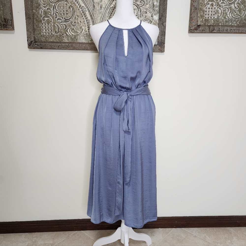 Rebecca Taylor Dusty Blue Silky Satin Sleeveless Keyhole Midi Dress Sz10 Party